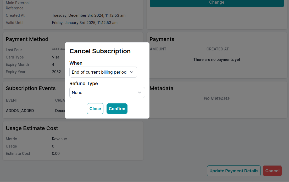 Screenshot of subscription overview page with cancel modal
