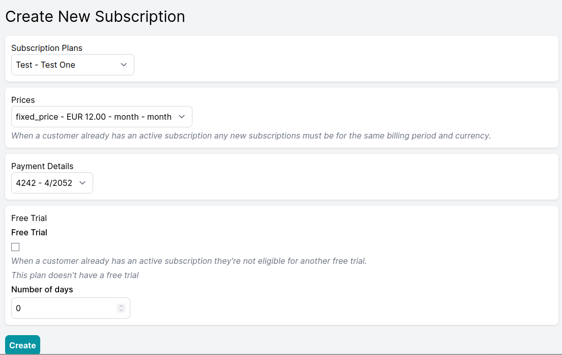 Screenshot of subscription create page
