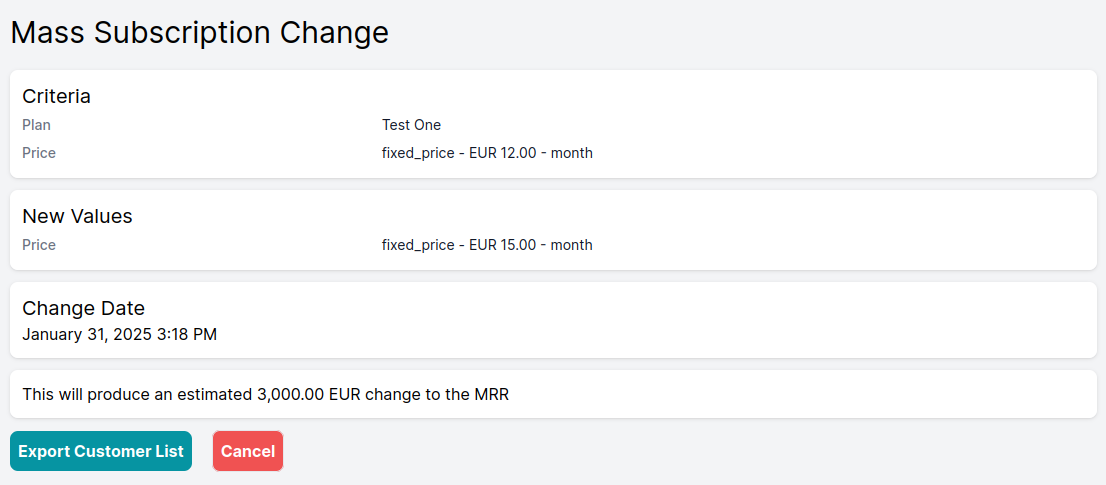Screenshot of subscription mass change page