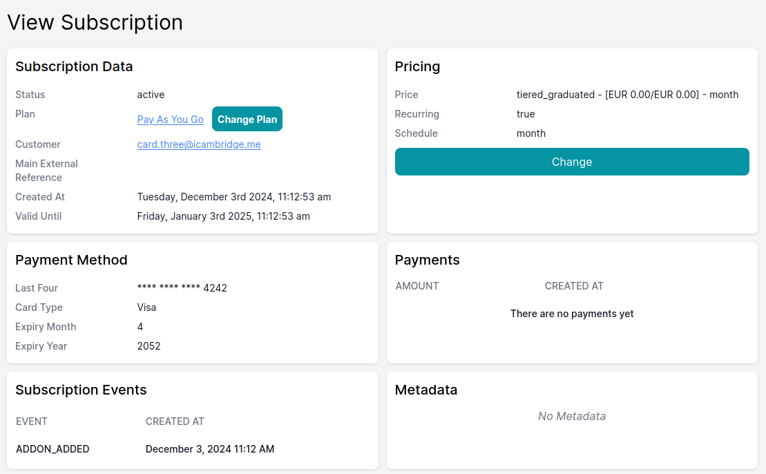 Screenshot of subscription overview page