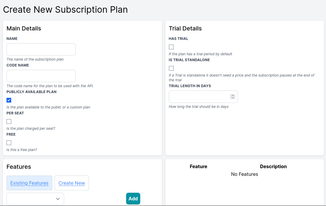Screenshot of subscription plan creation page