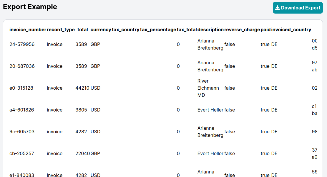 Screenshot of tax export sample